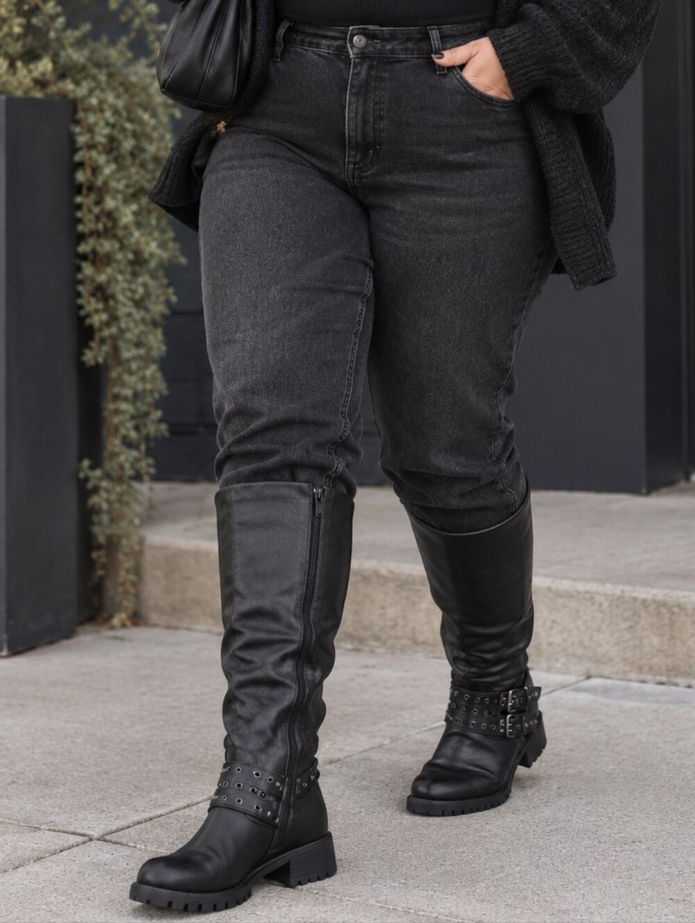 Black Block Heeled, Extra Wide Calf Boots with Grommets Strap, Size US 9